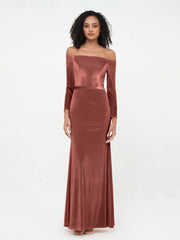 Off Shoulder Max Velvet Dresses with Long Sleeves Terracotta
