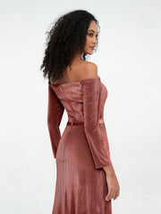 Off Shoulder Max Velvet Dresses with Long Sleeves Terracotta
