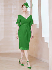 Chiffon Dress with Rhinestone-Adorned V-Neck Green