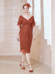 Chiffon Dress with Rhinestone-Adorned V-Neck Rust Plus Size