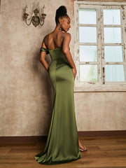 Strapless Acetate Satin Dress with Slit Slate Blue