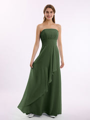 Strapless Chiffon Dress with Cascade Skirt Olive Green