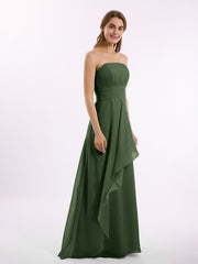 Strapless Chiffon Dress with Cascade Skirt Olive Green