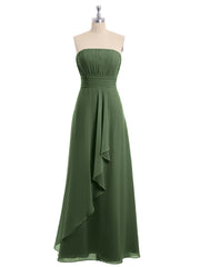 Strapless Chiffon Dress with Cascade Skirt Olive Green