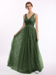 Lace and Tulle Floor Length Dress with V neck Olive Green