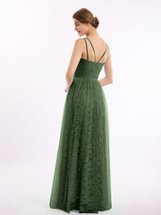 Lace and Tulle Floor Length Dress with V neck Olive Green