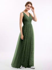 Lace and Tulle Floor Length Dress with V neck Olive Green