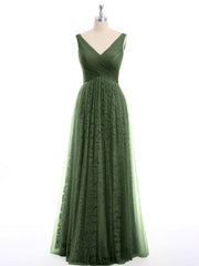 Lace and Tulle Floor Length Dress with V neck Olive Green