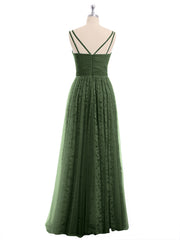 Lace and Tulle Floor Length Dress with V neck Olive Green