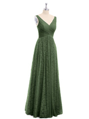 Lace and Tulle Floor Length Dress with V neck Olive Green
