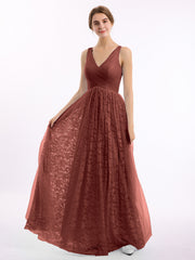 Lace and Tulle Floor Length Dress with V neck Terracotta