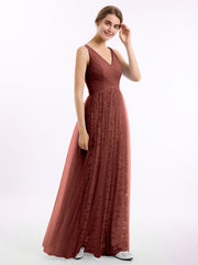 Lace and Tulle Floor Length Dress with V neck Terracotta