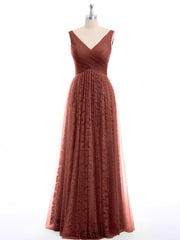 Lace and Tulle Floor Length Dress with V neck Terracotta