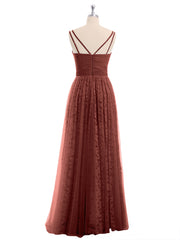Lace and Tulle Floor Length Dress with V neck Terracotta