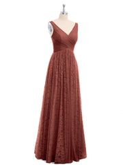 Lace and Tulle Floor Length Dress with V neck Terracotta