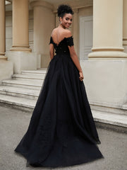 A-Line Lace Sweep Train Wedding Dress Black