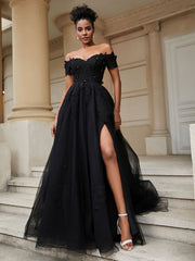 A-Line Lace Sweep Train Wedding Dress Black