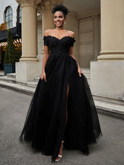 A-Line Lace Sweep Train Wedding Dress Black