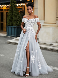 A-Line Lace Sweep Train Wedding Dress Ivory/Grey