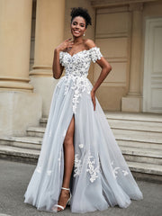 A-Line Lace Sweep Train Wedding Dress Ivory/Grey