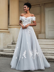 A-Line Lace Sweep Train Wedding Dress Ivory/Grey