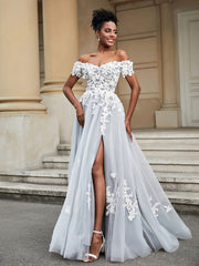 A-Line Lace Sweep Train Wedding Dress Ivory/Grey