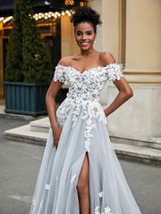 A-Line Lace Sweep Train Wedding Dress Ivory/Grey