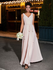 V-neck Simple Chiffon Full Length Dresses Pearl Pink