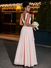 V-neck Simple Chiffon Full Length Dresses Pearl Pink