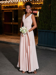 V-neck Simple Chiffon Full Length Dresses Pearl Pink