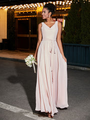 V-neck Simple Chiffon Full Length Dresses Pearl Pink