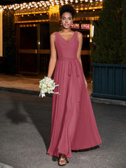 V-neck Simple Chiffon Full Length Dresses Cinnamon Rose