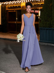 V-neck Simple Chiffon Full Length Dresses Periwinkle