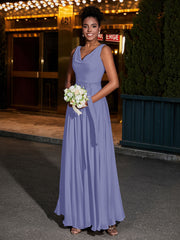 V-neck Simple Chiffon Full Length Dresses Periwinkle
