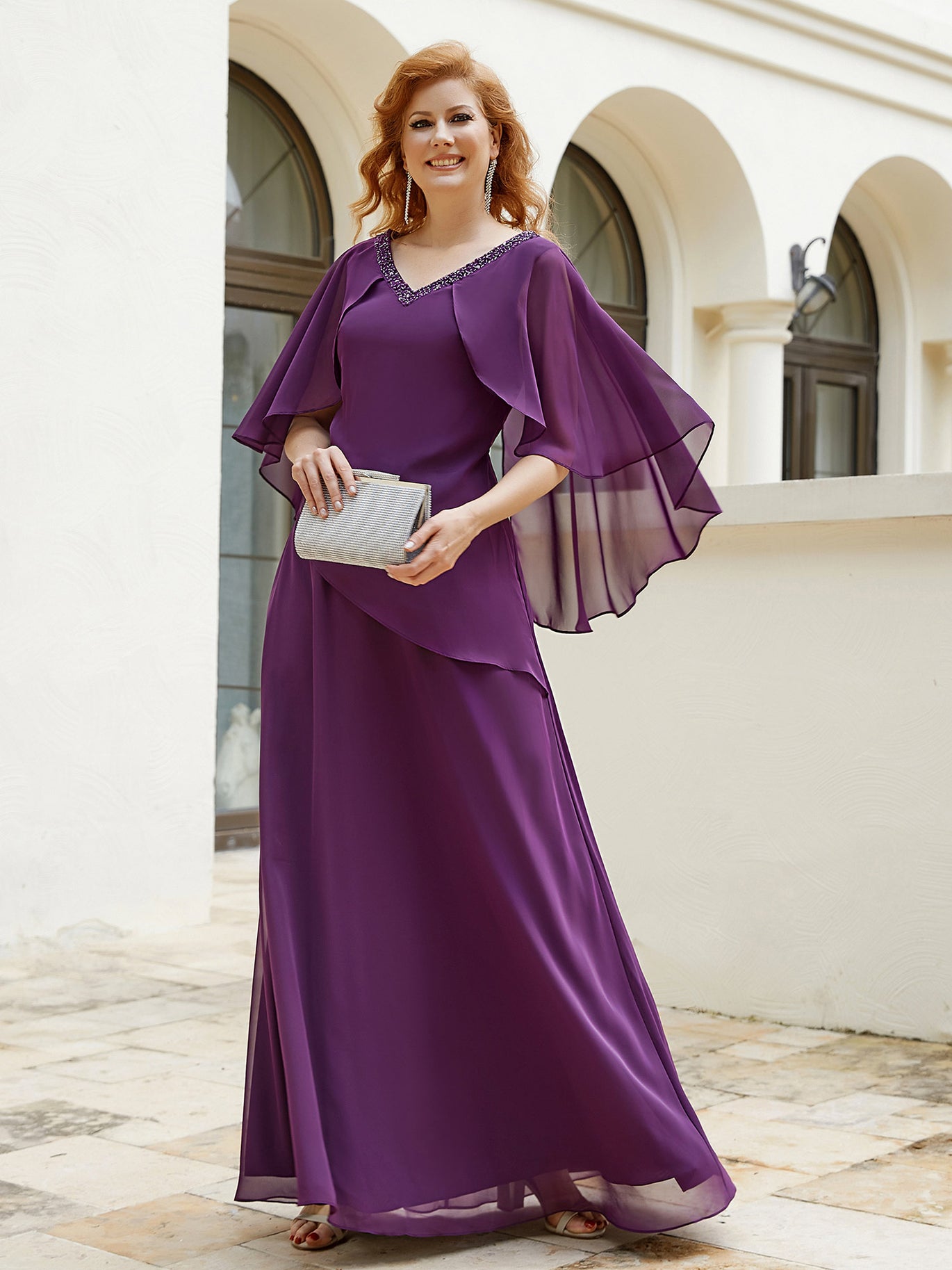 BABARONI Chiffon Grape Mother of the Bride Dresses A-line V-neck  Floor-length Flutter Sleeves – BABARONI UK