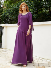 Flutter Sleeves V-neck Floor-length Beaded Dress Grape