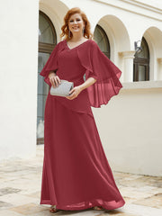 Flutter Sleeves V-neck Floor-length Beaded Dress Cinnamon Rose