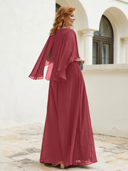 Flutter Sleeves V-neck Floor-length Beaded Dress Cinnamon Rose