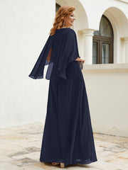 Flutter Sleeves V-neck Floor-length Beaded Dress Dark Navy
