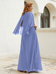 Flutter Sleeves V-neck Floor-length Beaded Dress Periwinkle