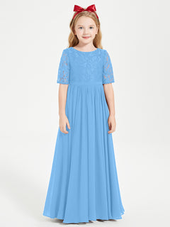 Lace Top Half Sleeved Junior Bridesmaids Dresses Blue