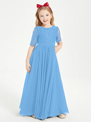 Lace Top Half Sleeved Junior Bridesmaids Dresses Blue
