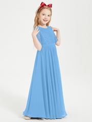 Lace Top Half Sleeved Junior Bridesmaids Dresses Blue