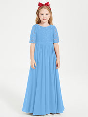 Lace Top Half Sleeved Junior Bridesmaids Dresses Blue