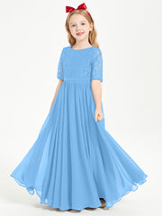 Lace Top Half Sleeved Junior Bridesmaids Dresses Blue