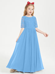 Lace Top Half Sleeved Junior Bridesmaids Dresses Blue