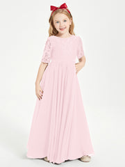 Lace Top Half Sleeved Junior Bridesmaids Dresses Blushing Pink