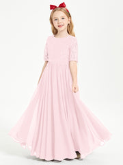 Lace Top Half Sleeved Junior Bridesmaids Dresses Blushing Pink