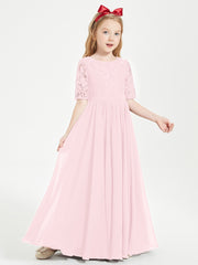 Lace Top Half Sleeved Junior Bridesmaids Dresses Blushing Pink