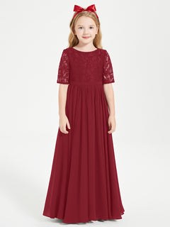 Lace Top Half Sleeved Junior Bridesmaids Dresses Burgundy